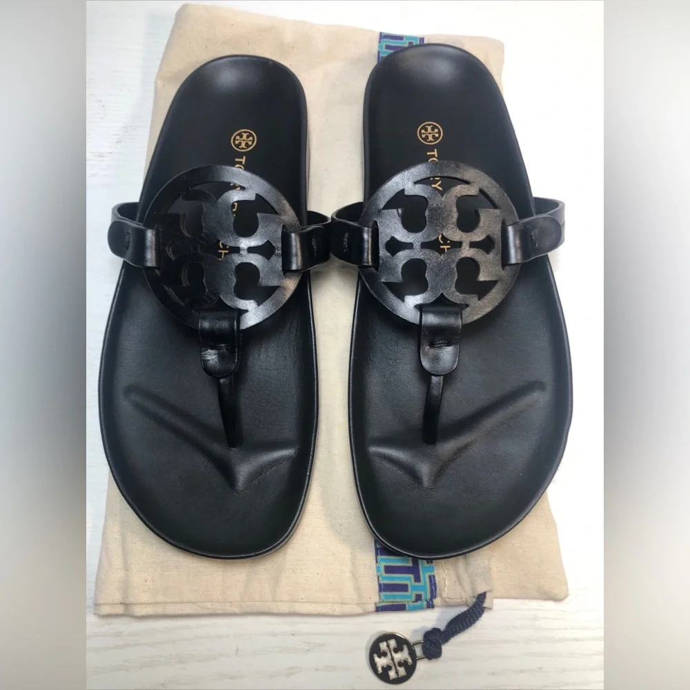 New Tory Burch Miller Cloud Leather Thong Black Sandals Women’s Size 7